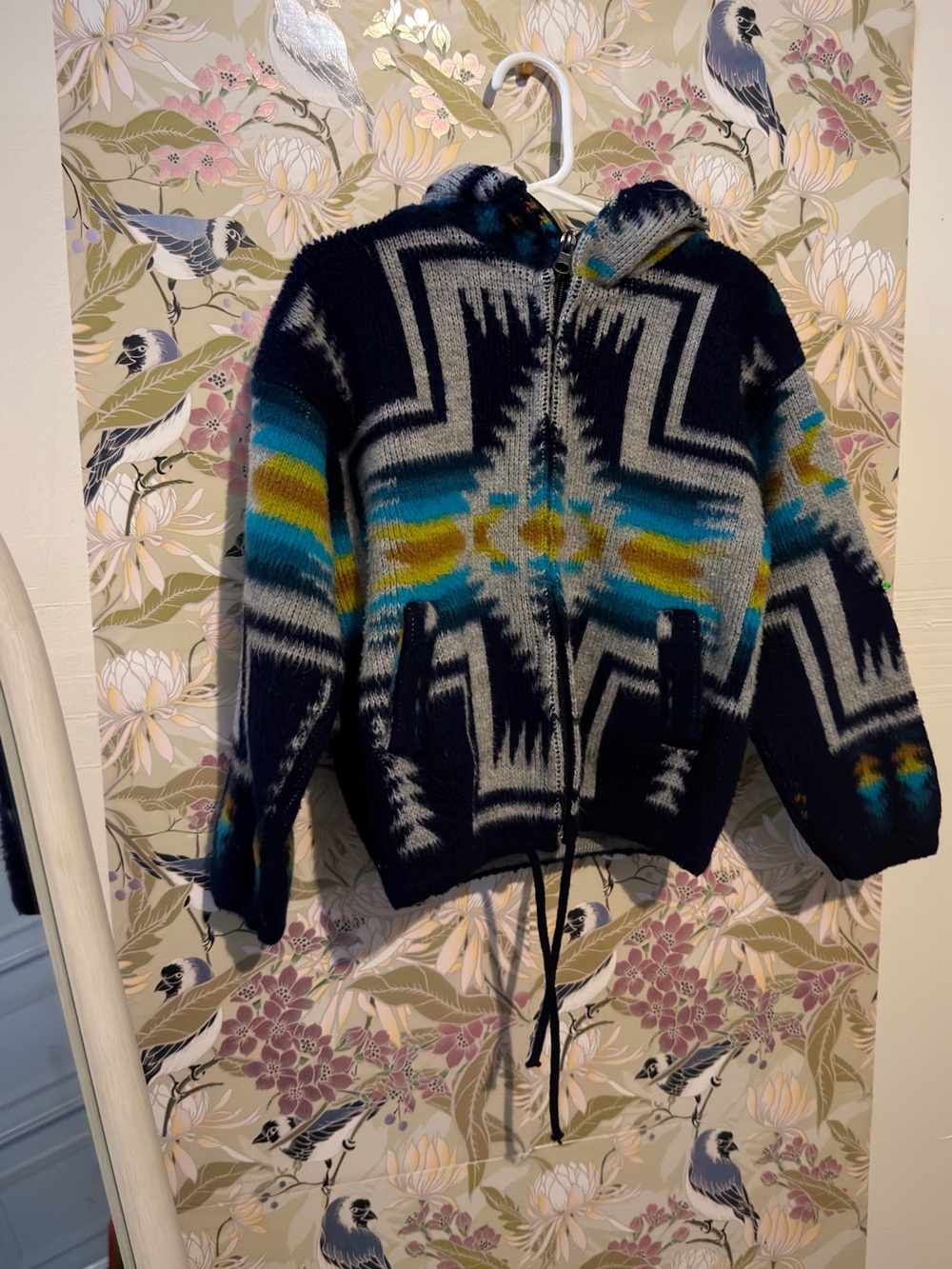 Kids Vintage Southwestern Hooded Zip Jacket in Navy, Teal & Yellow